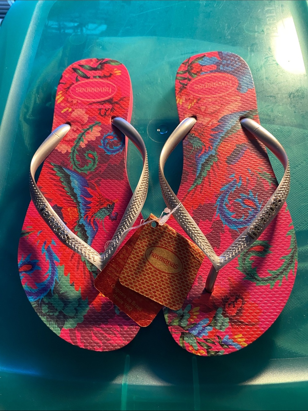 Havaianas Pink Multicolor Floral-Pattern Flip Flops with Silver Straps